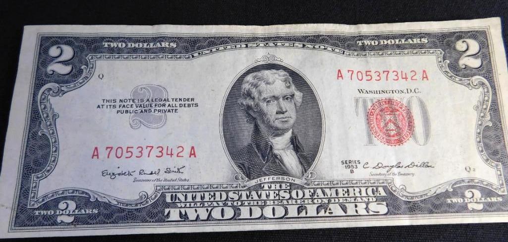 1953 Red Seal US 2$ Bank Note: See Photos For Condition and Details