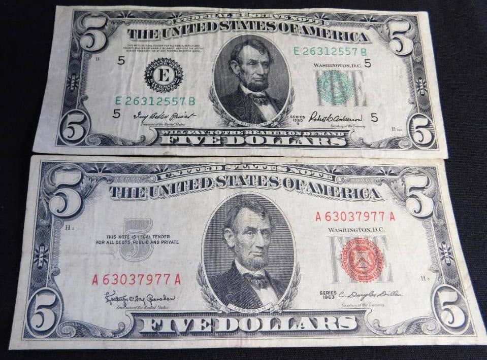 1950 Green Seal US5$ Bank Note - 1963 Red Seal US5$ Bank Note: See Photos For Condition and Details