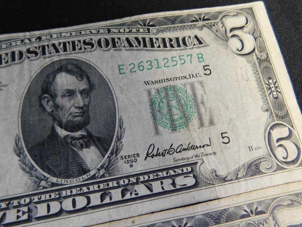 1950 Green Seal US5$ Bank Note - 1963 Red Seal US5$ Bank Note - 2