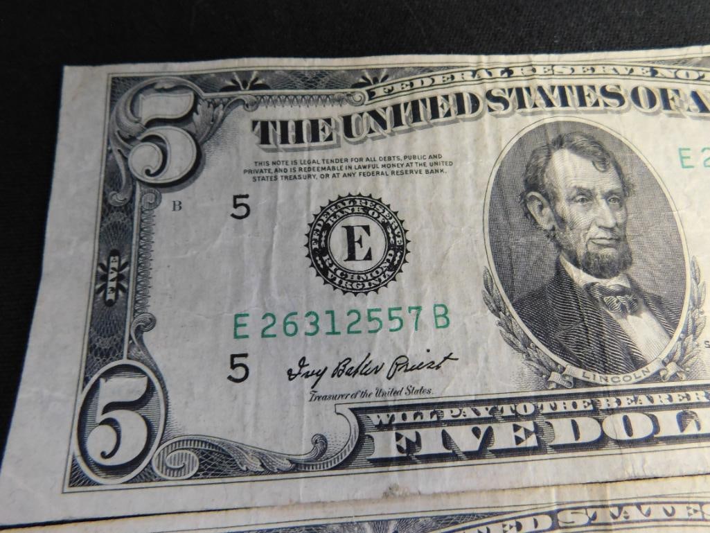 1950 Green Seal US5$ Bank Note - 1963 Red Seal US5$ Bank Note - 3