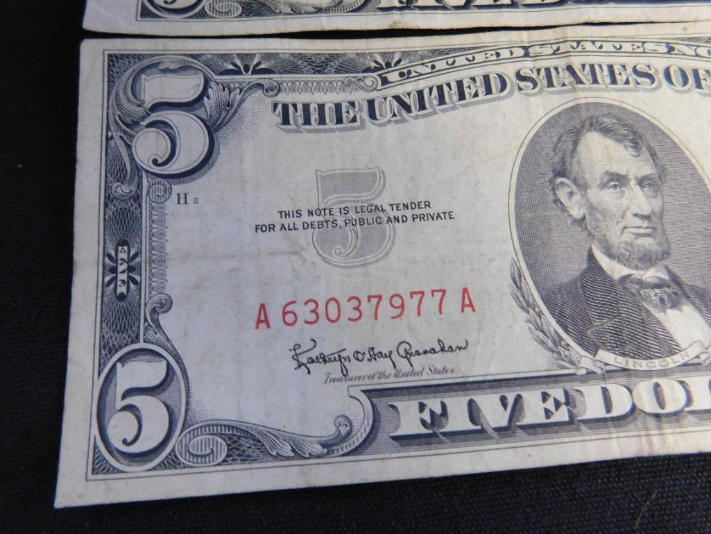 1950 Green Seal US5$ Bank Note - 1963 Red Seal US5$ Bank Note - 5