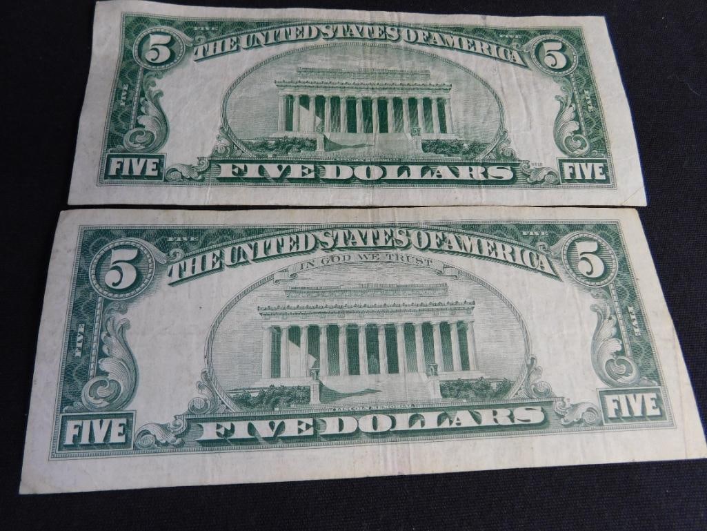 1950 Green Seal US5$ Bank Note - 1963 Red Seal US5$ Bank Note - 6
