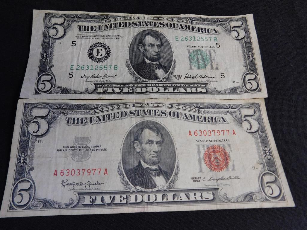 1950 Green Seal US5$ Bank Note - 1963 Red Seal US5$ Bank Note - 7
