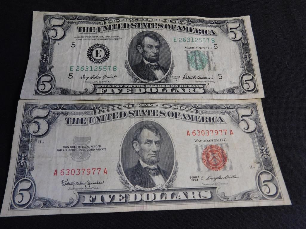 1950 Green Seal US5$ Bank Note - 1963 Red Seal US5$ Bank Note - 8