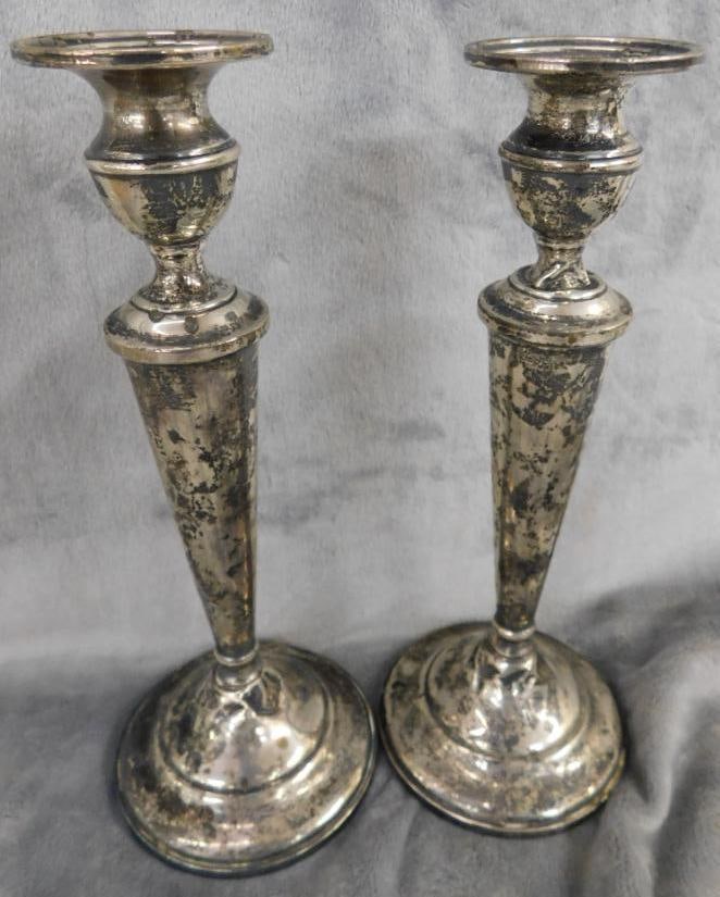 Sterling Silver - Pair of 9.75" Tall Weighted Candle Stick Holders - Has Dents (1 of 9)