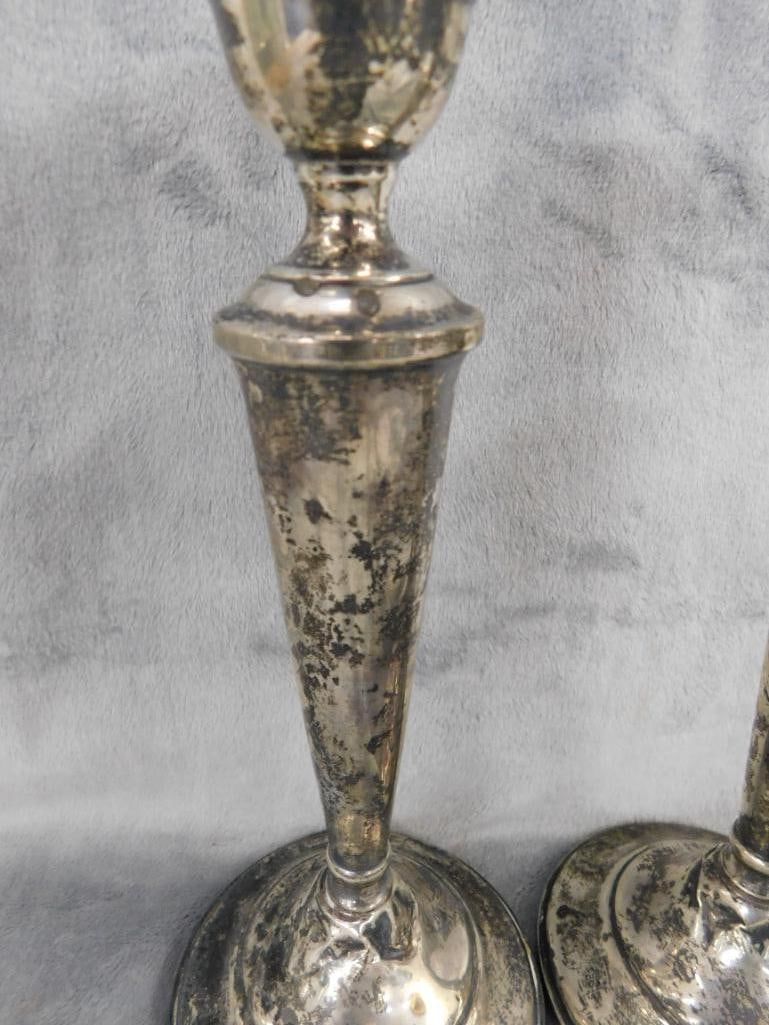 Sterling Silver - Pair of 9.75" Tall Weighted Candle Stick Holders - Has Dents - 3