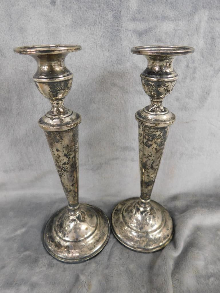 Sterling Silver - Pair of 9.75" Tall Weighted Candle Stick Holders - Has Dents - 7
