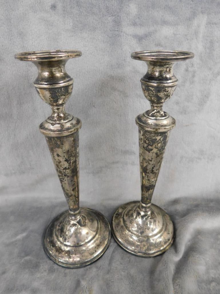 Sterling Silver - Pair of 9.75" Tall Weighted Candle Stick Holders - Has Dents - 8