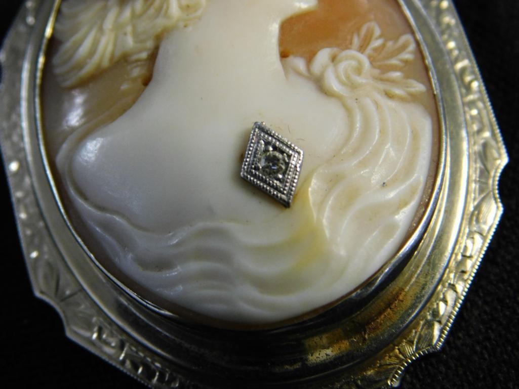 14K White Gold - Cameo Pendant / Brooch - 10.4 Grams TW - 2