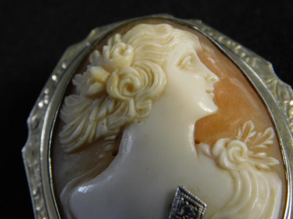 14K White Gold - Cameo Pendant / Brooch - 10.4 Grams TW - 3