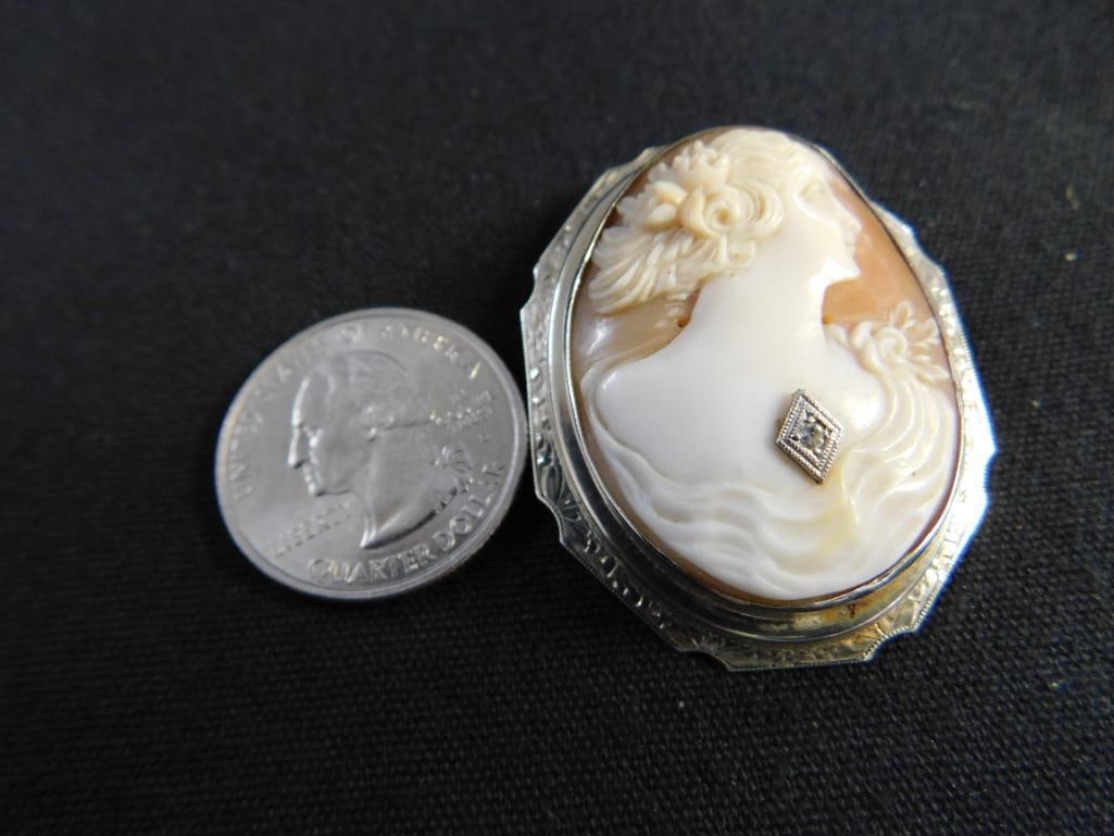 14K White Gold - Cameo Pendant / Brooch - 10.4 Grams TW - 5