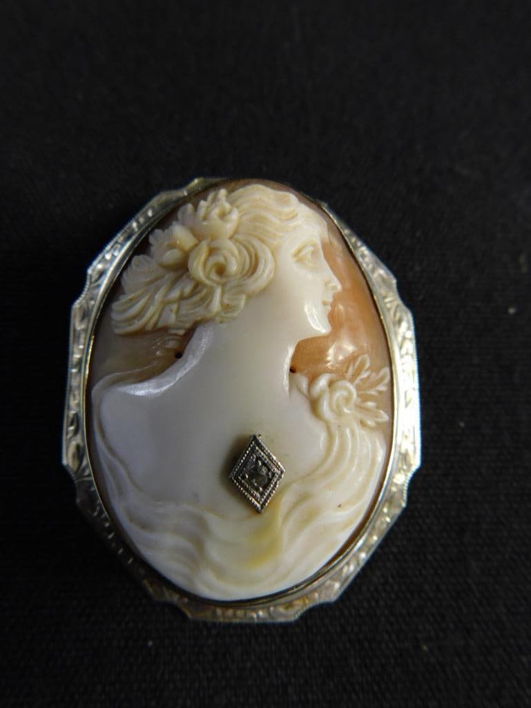 14K White Gold - Cameo Pendant / Brooch - 10.4 Grams TW - 6