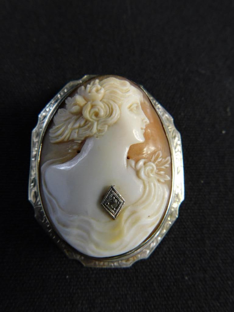 14K White Gold - Cameo Pendant / Brooch - 10.4 Grams TW - 7