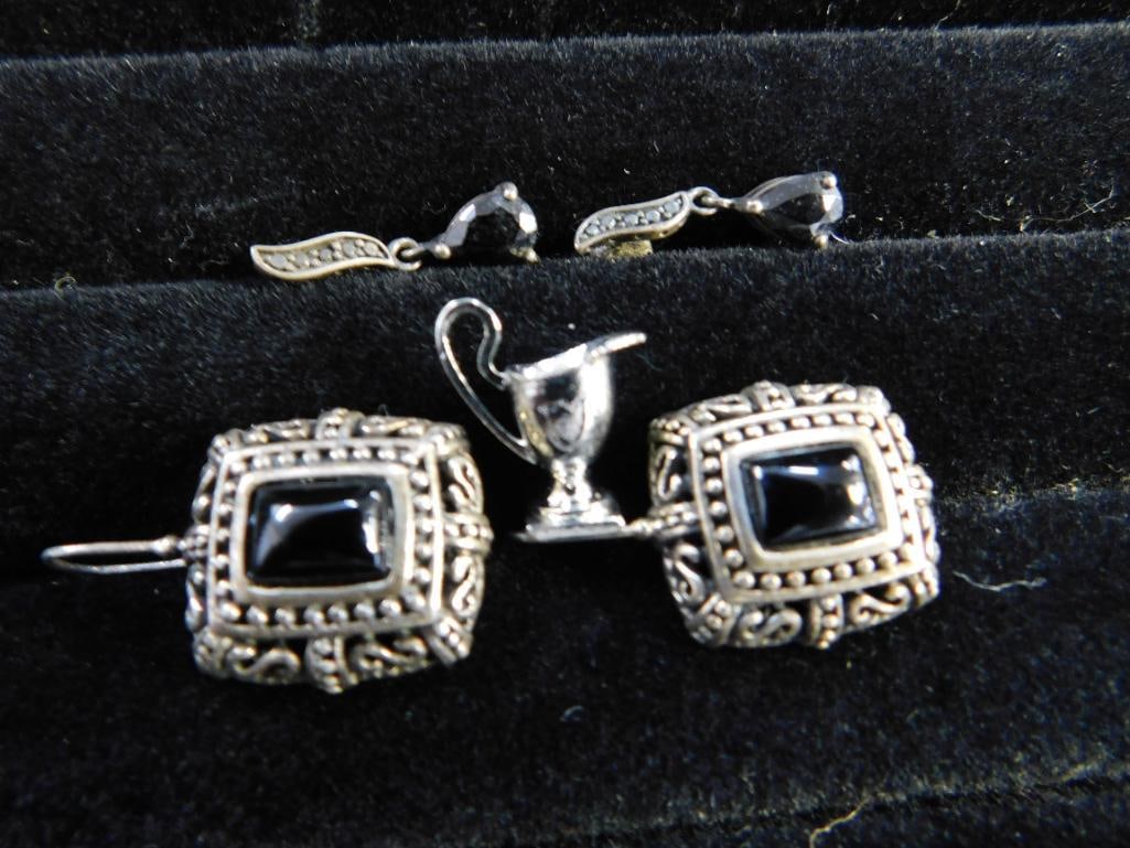 Sterling Silver - 2 Pairs of Pierced Earrings - 1 Charm - 11.35 Grams TW - 10