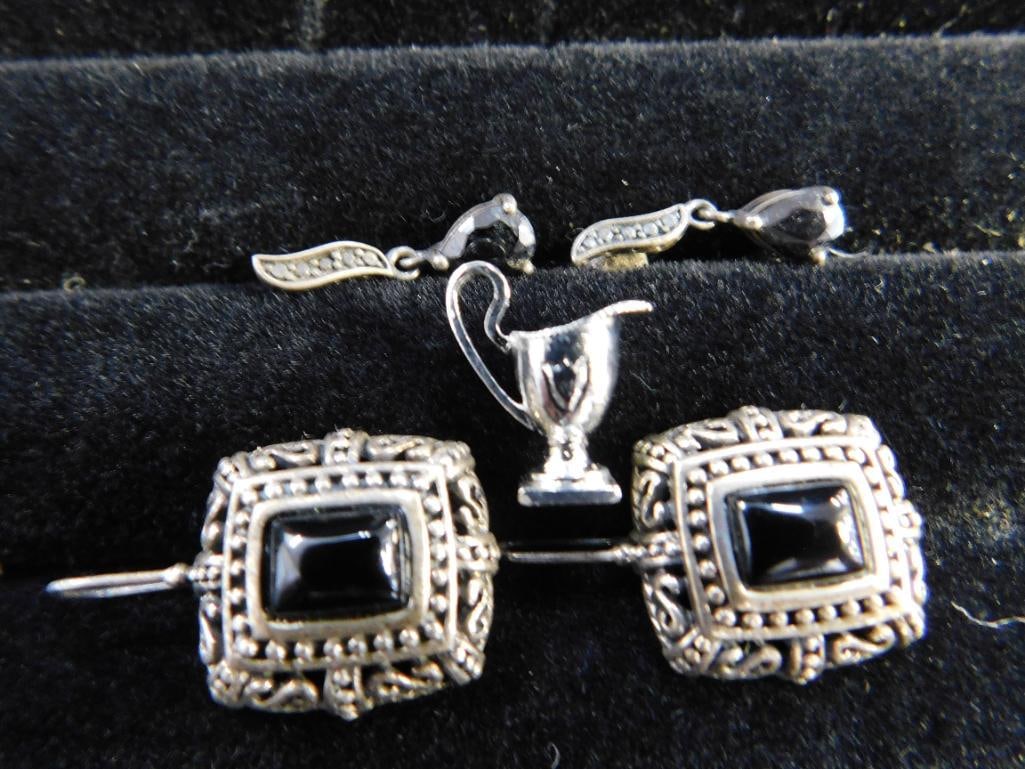Sterling Silver - 2 Pairs of Pierced Earrings - 1 Charm - 11.35 Grams TW - 2