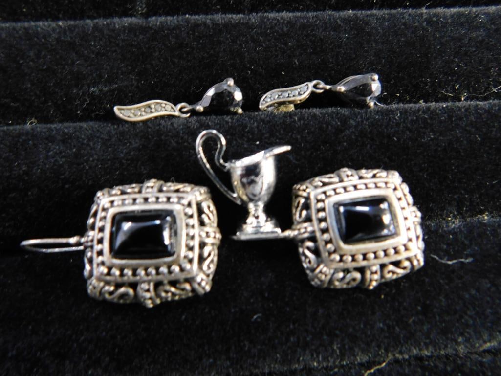 Sterling Silver - 2 Pairs of Pierced Earrings - 1 Charm - 11.35 Grams TW - 9
