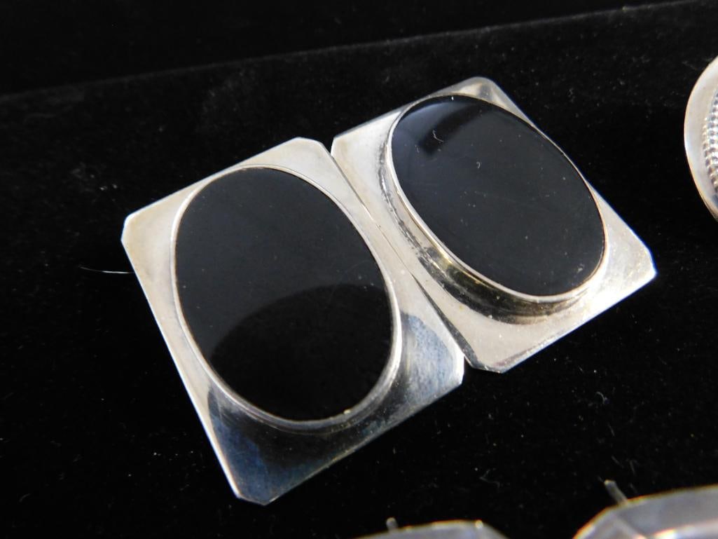 Sterling Silver - 4 Pairs of Earrings - 2 Pierced - 2 Clip On - Mexico - Onyx - 66.1 Grams TW - 2
