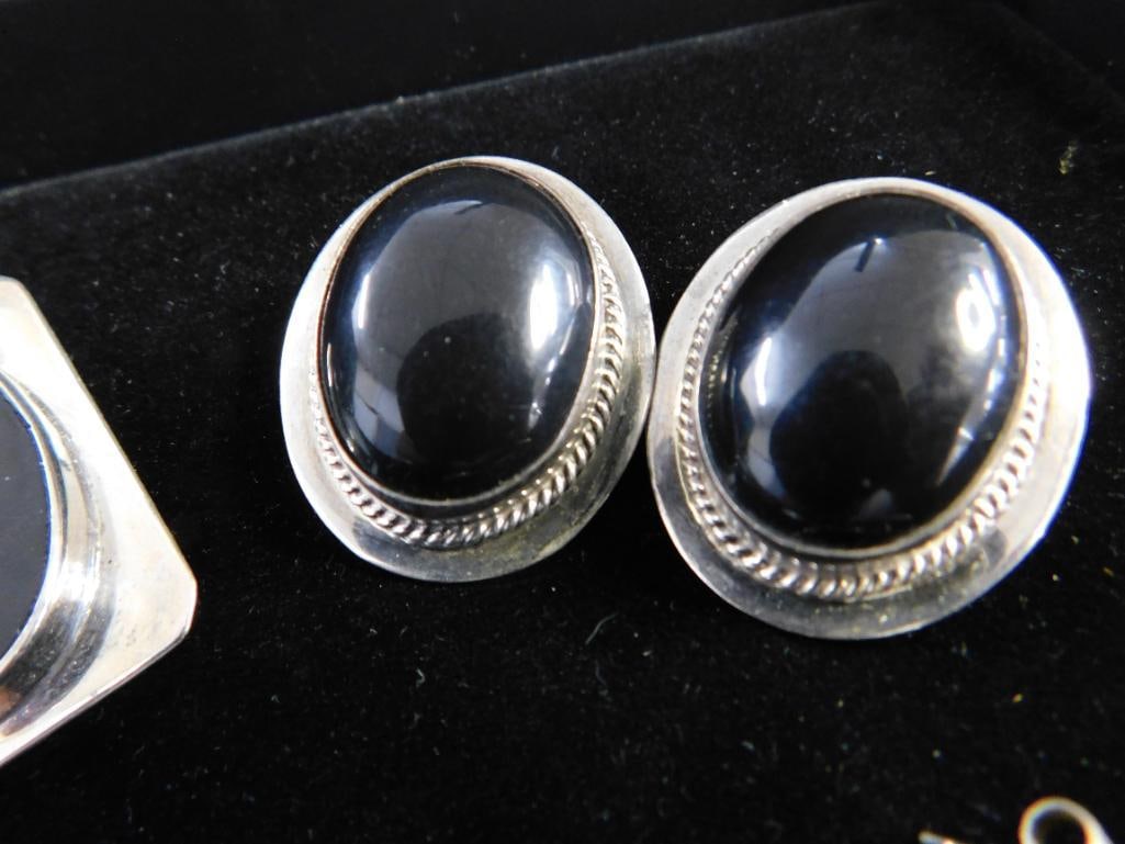 Sterling Silver - 4 Pairs of Earrings - 2 Pierced - 2 Clip On - Mexico - Onyx - 66.1 Grams TW - 3