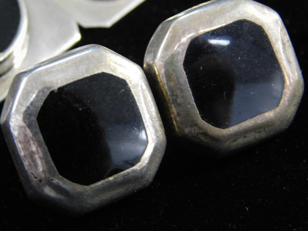 Sterling Silver - 4 Pairs of Earrings - 2 Pierced - 2 Clip On - Mexico - Onyx - 66.1 Grams TW - 4