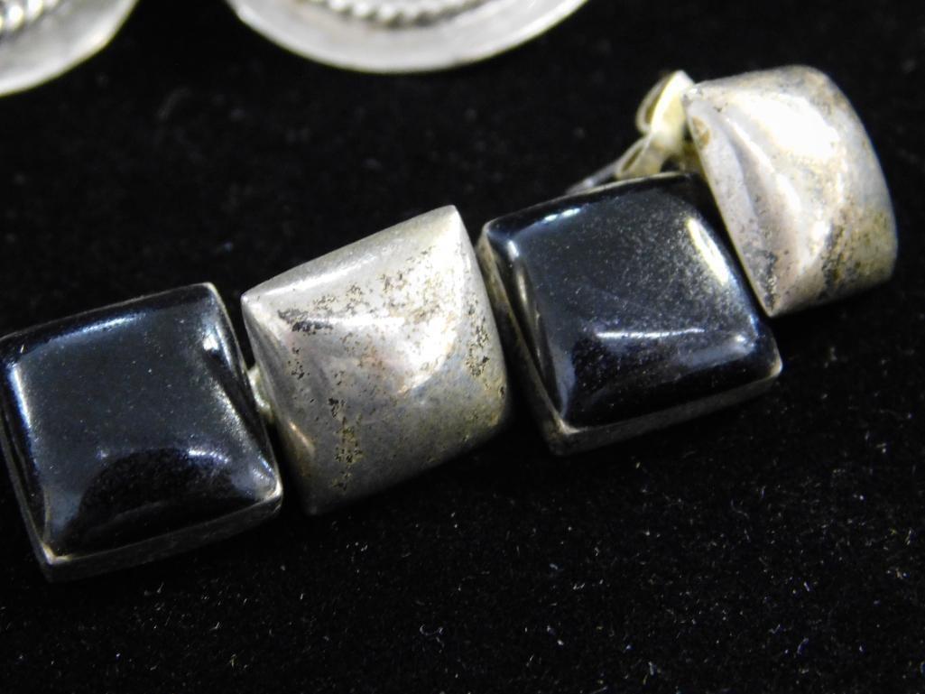 Sterling Silver - 4 Pairs of Earrings - 2 Pierced - 2 Clip On - Mexico - Onyx - 66.1 Grams TW - 5