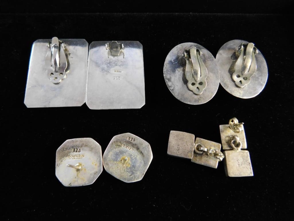 Sterling Silver - 4 Pairs of Earrings - 2 Pierced - 2 Clip On - Mexico - Onyx - 66.1 Grams TW - 6