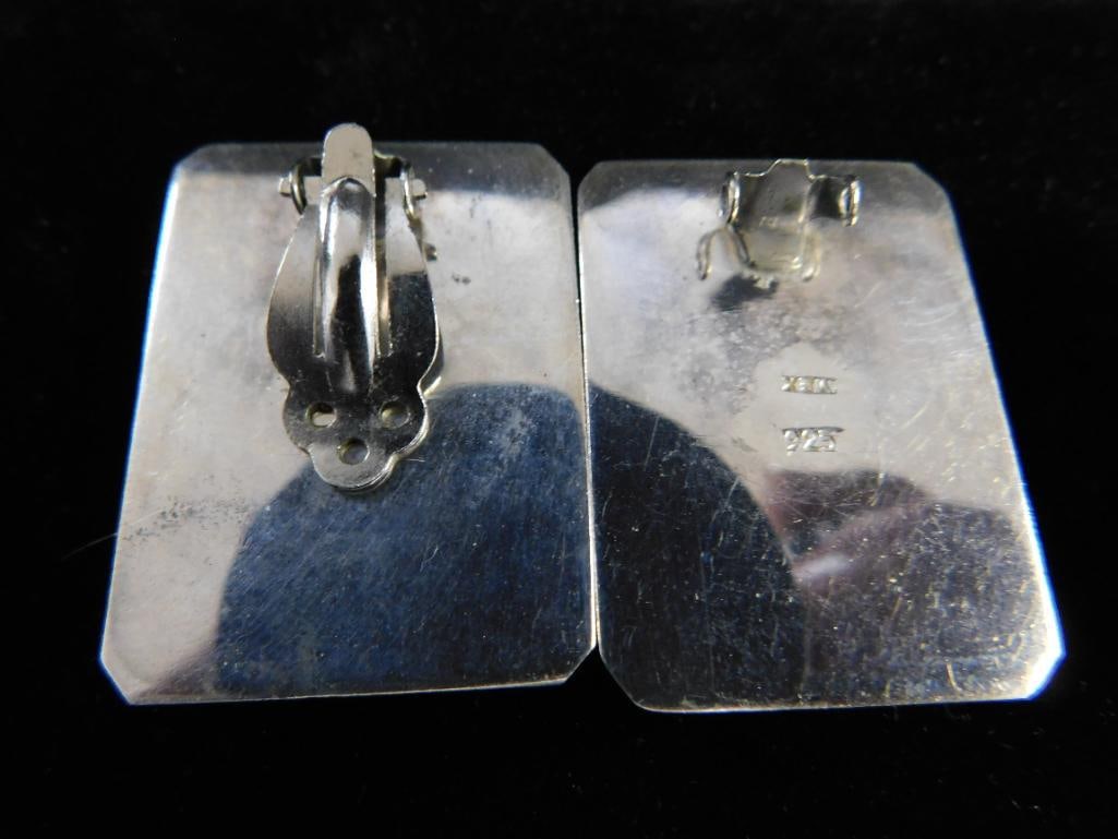Sterling Silver - 4 Pairs of Earrings - 2 Pierced - 2 Clip On - Mexico - Onyx - 66.1 Grams TW - 7