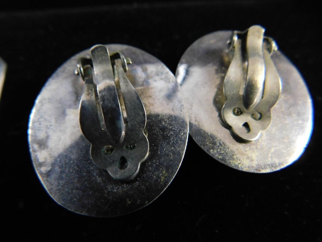 Sterling Silver - 4 Pairs of Earrings - 2 Pierced - 2 Clip On - Mexico - Onyx - 66.1 Grams TW - 8
