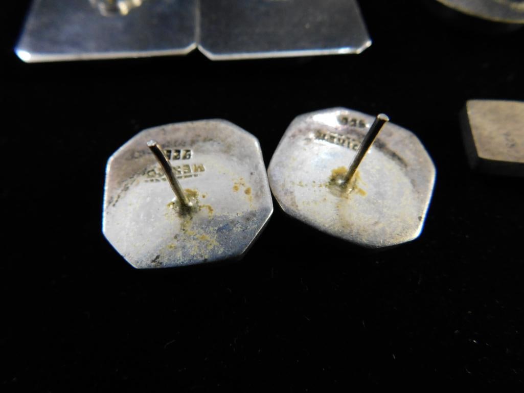 Sterling Silver - 4 Pairs of Earrings - 2 Pierced - 2 Clip On - Mexico - Onyx - 66.1 Grams TW - 9