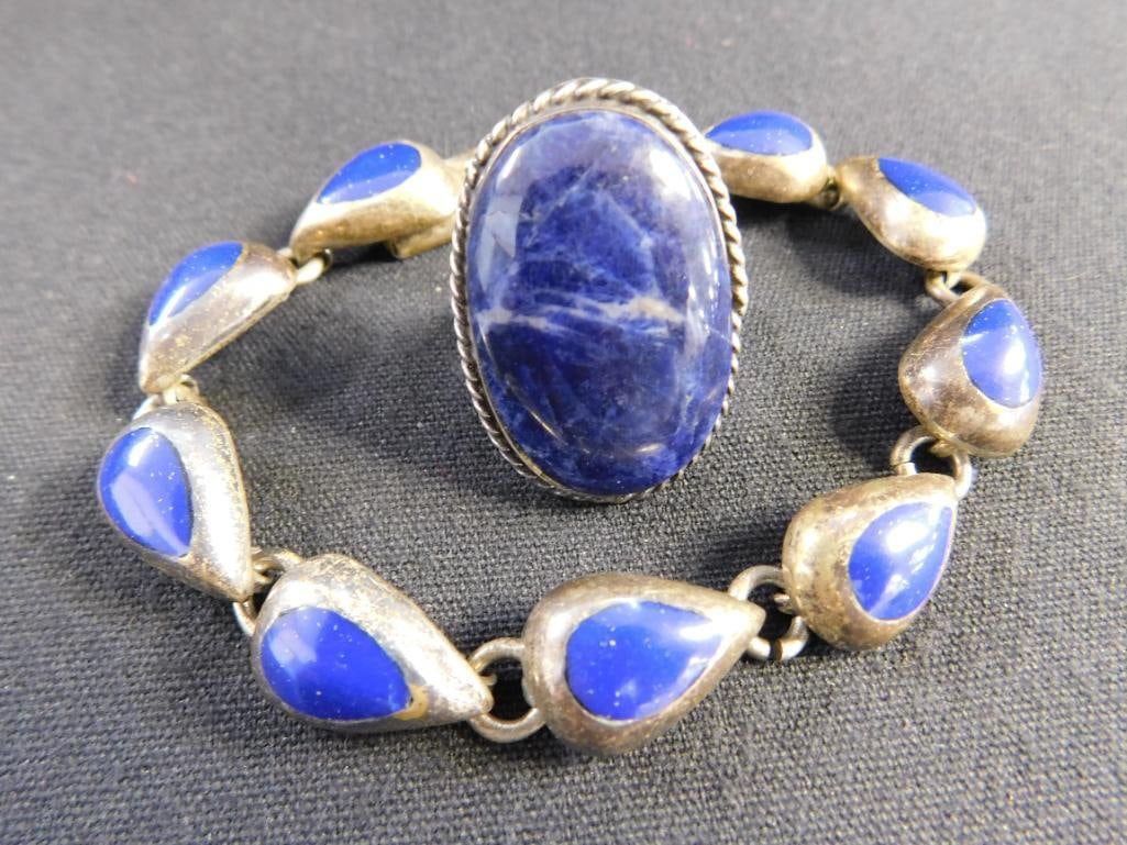 Sterling Silver - Lapis Lazuli Bracelet - Blue Stone Ring - Size 6.5 - 41.4 Grams TW - 7