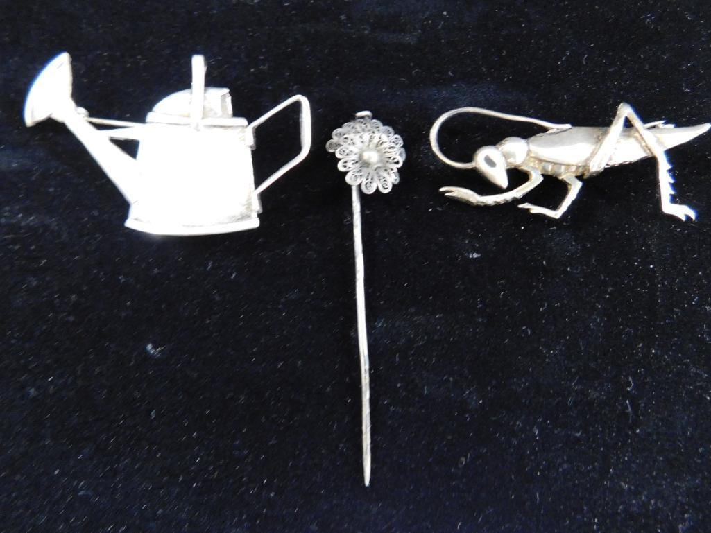 Sterling Silver - 2 Brooches and a Stick Pin - 17.5 Grams - 2