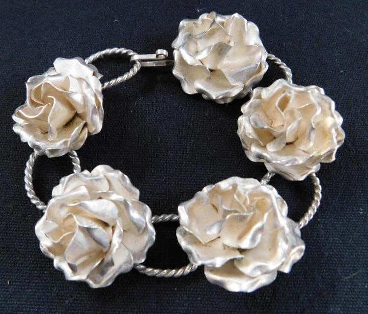 .999 Silver - Rose Bracelet - Mexico - 37.02 Grams: See Photos For Condition and Details