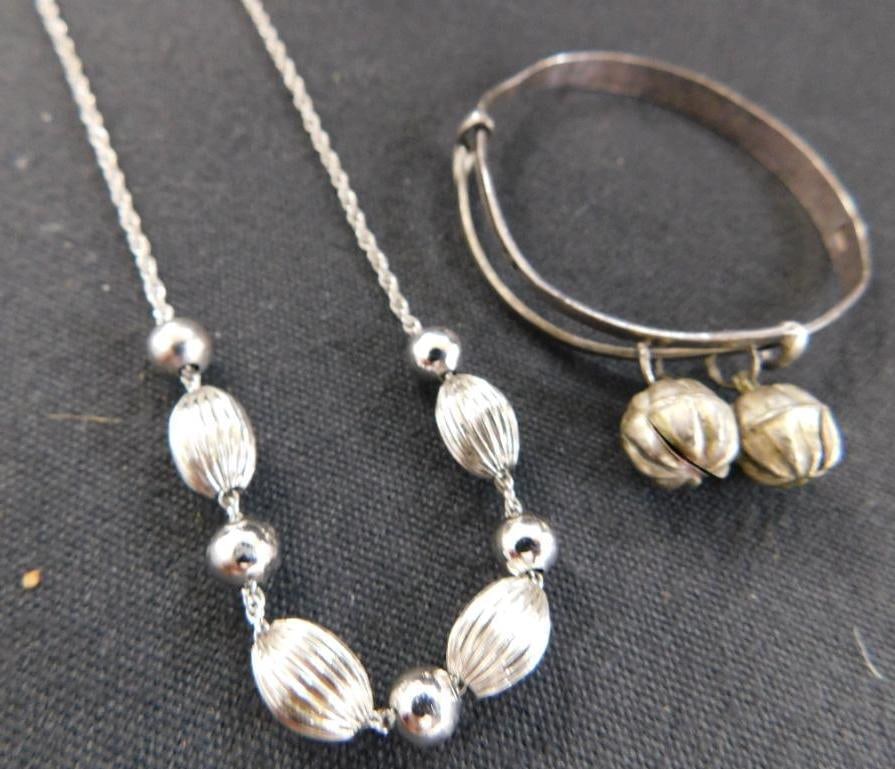 Sterling Silver - 24" necklace Beads are Not Silver - Childs Bangle - 12.73 Grams: See Photos For Condition and Details