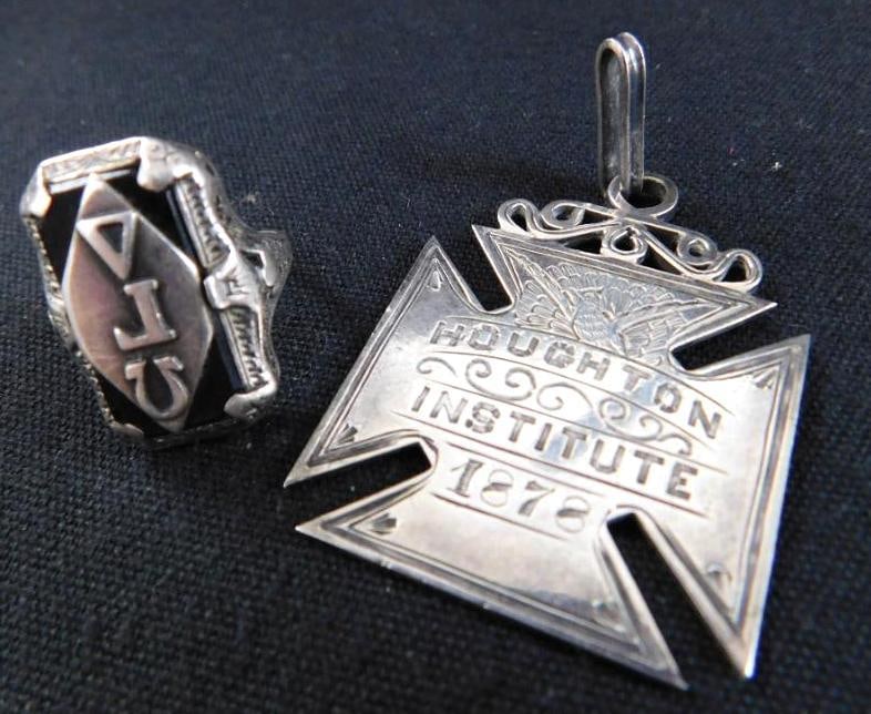Sterling Silver - 1878 Houston Institute Pendant - Onyx Sorority Ring Size 4 - 12.15 Grams TW: See Photos For Condition and Details