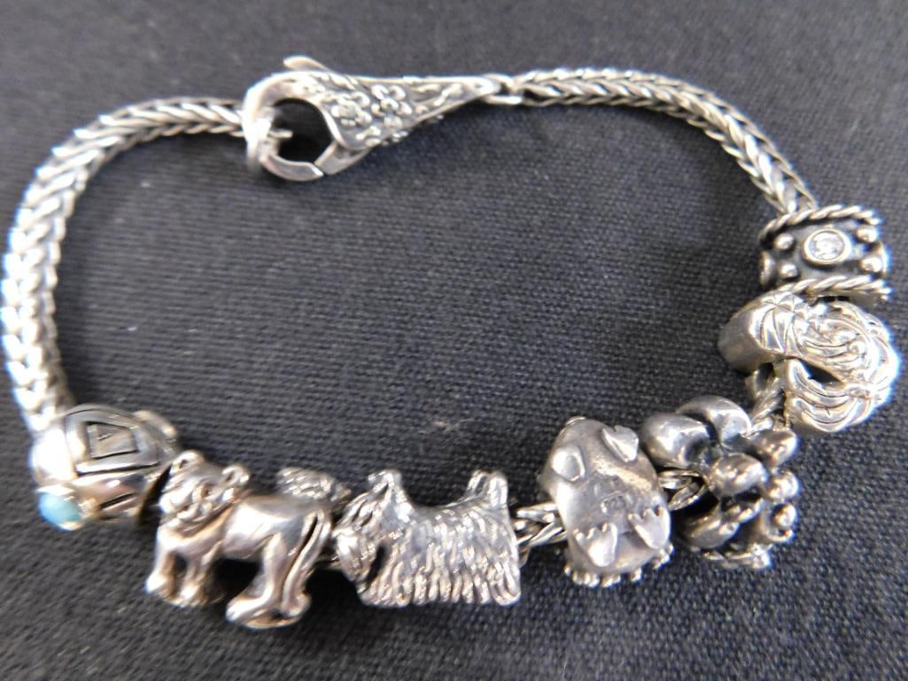 Sterling Silver - Bracelet - Troll with Troll and Pandora Charms - 8" - 38.94 Grams: See Photos For Condition and Details