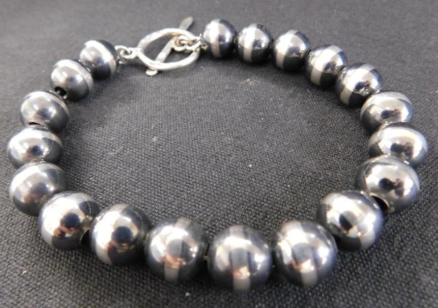 Sterling Silver - Bracelet - Mexico - "Pearl" Like Beads - 8.5" - 23.7 Grams: See Photos For Condition and Details