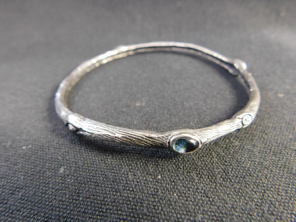 Sterling Silver - Bangle Bracelet - Signed SB Artisan - Blue Topaz - 13.68 Grams TW - 7
