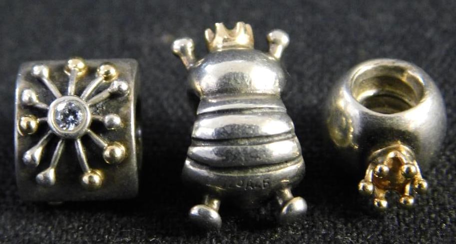 Sterling Silver and 14K Yellow Gold - 3 Pandora Beads - 10.1 Grams: See Photos For Condition and Details