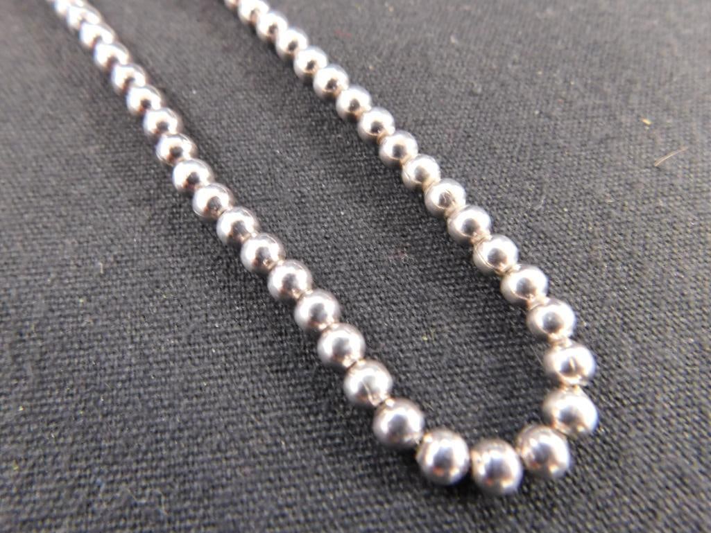 Sterling Silver - 18" Bead Necklace - 22.64 Grams: See Photos For Condition and Details