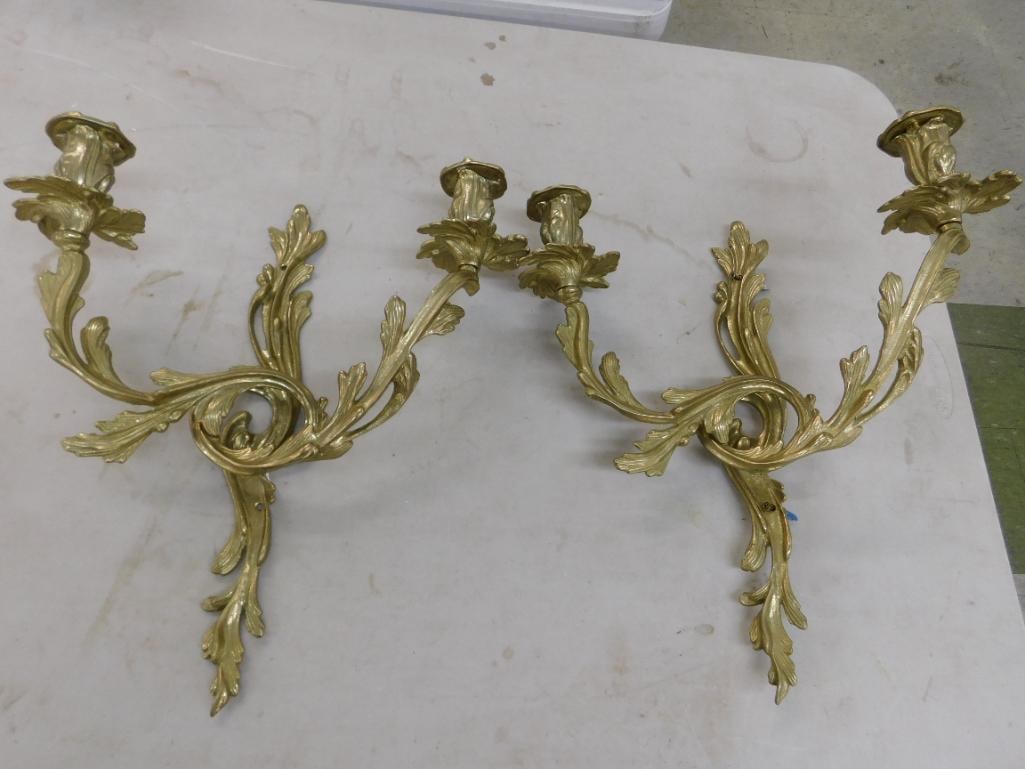 Pair of Brass 2 Light Candle Sconces - Each 16" x 14" x 5.5" - 11