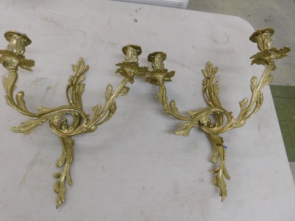 Pair of Brass 2 Light Candle Sconces - Each 16" x 14" x 5.5" - 12