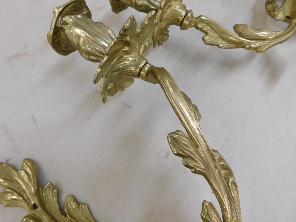 Pair of Brass 2 Light Candle Sconces - Each 16" x 14" x 5.5" - 5