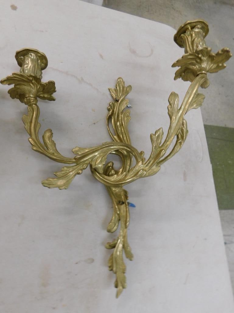 Pair of Brass 2 Light Candle Sconces - Each 16" x 14" x 5.5" - 8