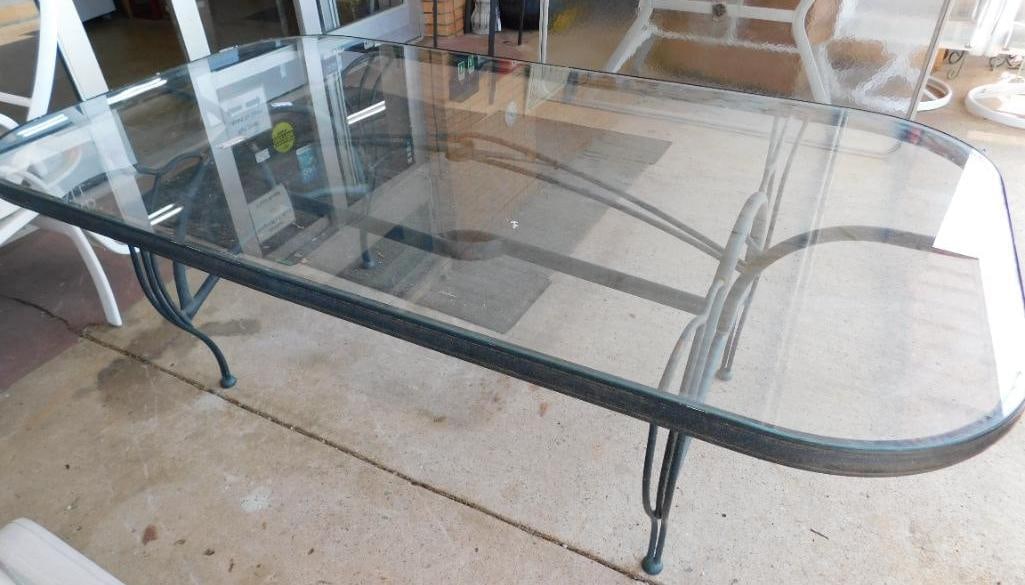 Glass Top Patio Dining Table with Wrought Iron Base - 26.5" x 77" x 43": See Photos For Condition and Details