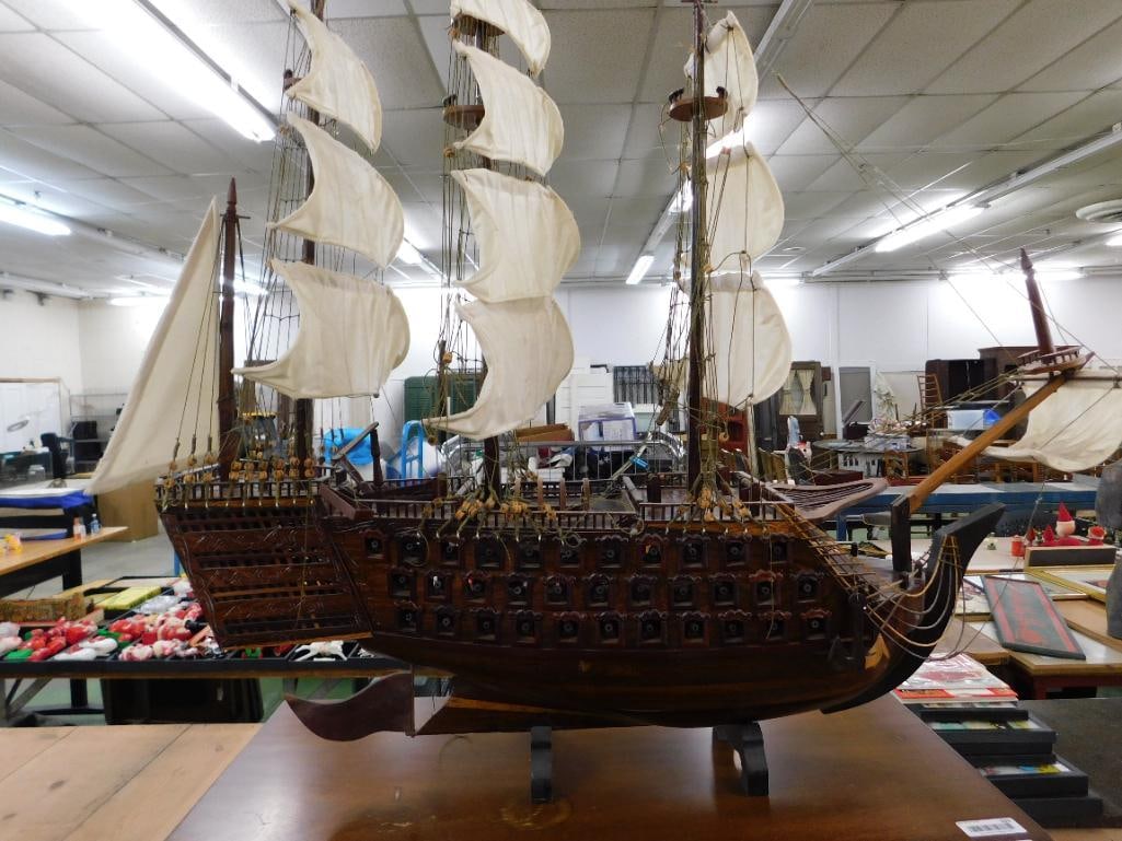 Detailed Wood Ship Model with Sails - 45"x 48" x 10" - 15