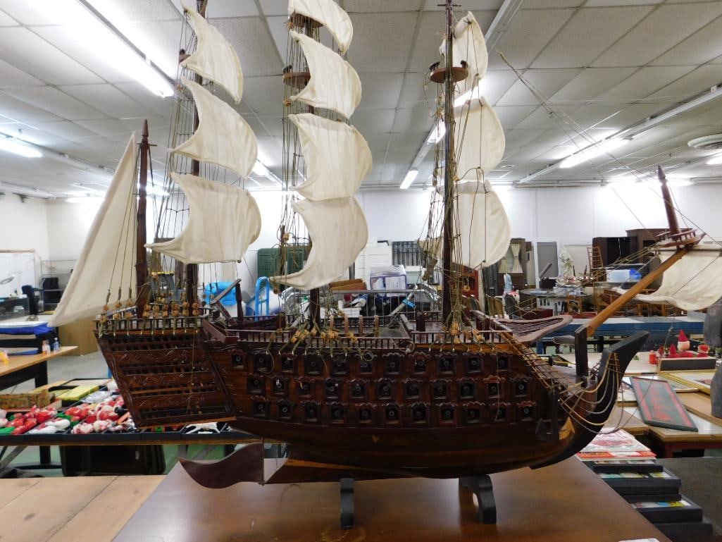 Detailed Wood Ship Model with Sails - 45"x 48" x 10" - 16