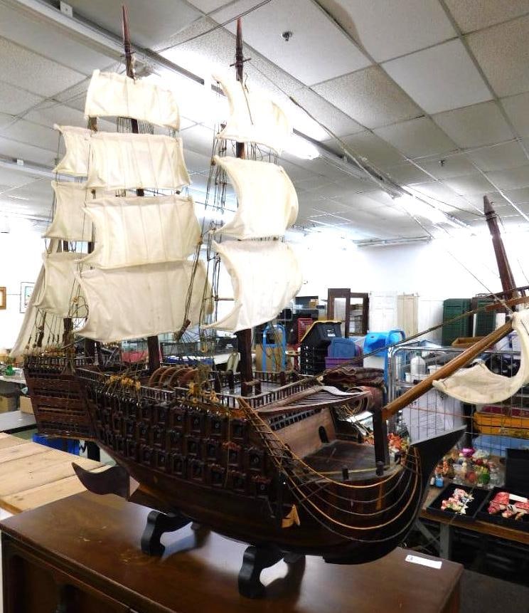 Detailed Wood Ship Model with Sails - 45"x 48" x 10": See Photos For Condition and Details