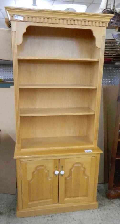 2 Piece Blond 2 Door Book Shelf Cabinet - 74.5" x 33.5" x 17": See Photos For Condition and Details