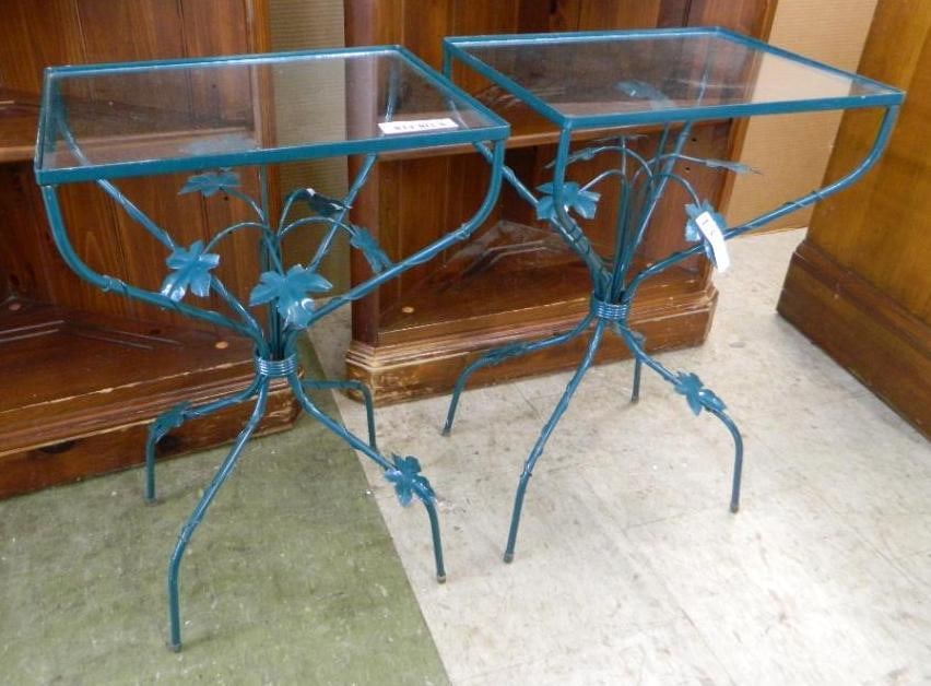 Pair of Painted Patio Wrought Iron Tables - Glass Top - Each 24" x 15"x 12": See Photos For Condition and Details