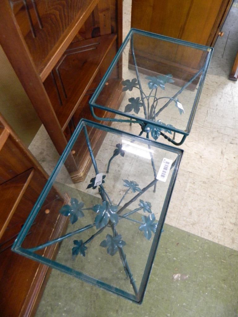 Pair of Painted Patio Wrought Iron Tables - Glass Top - Each 24" x 15"x 12" - 2
