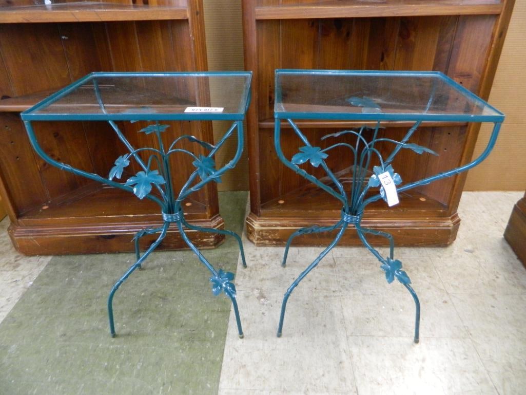 Pair of Painted Patio Wrought Iron Tables - Glass Top - Each 24" x 15"x 12" - 3